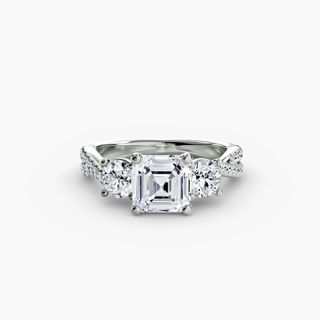 VONDA II Three Stone Diamond Engagement Ring with a Twisted Diamond Band