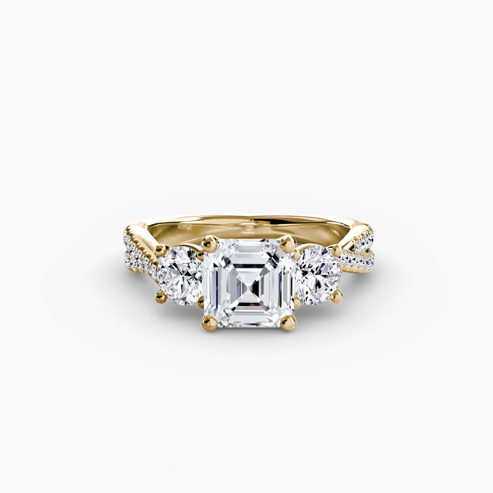 VONDA II Three Stone Diamond Engagement Ring with a Twisted Diamond Band