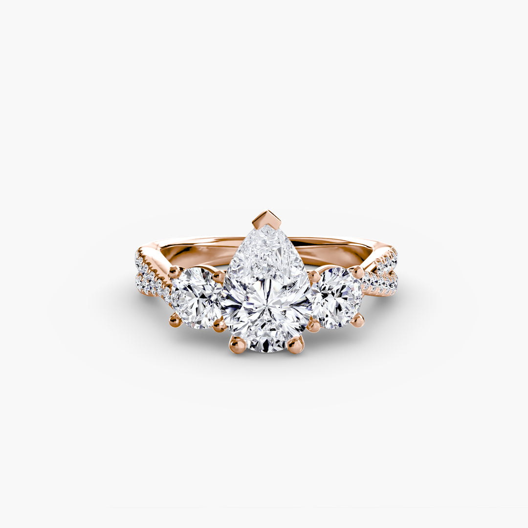 VONDA II Three Stone Diamond Engagement Ring with a Twisted Diamond Band
