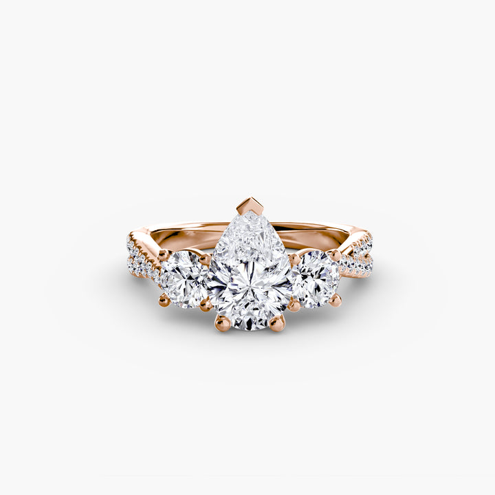VONDA II Three Stone Diamond Engagement Ring with a Twisted Diamond Band