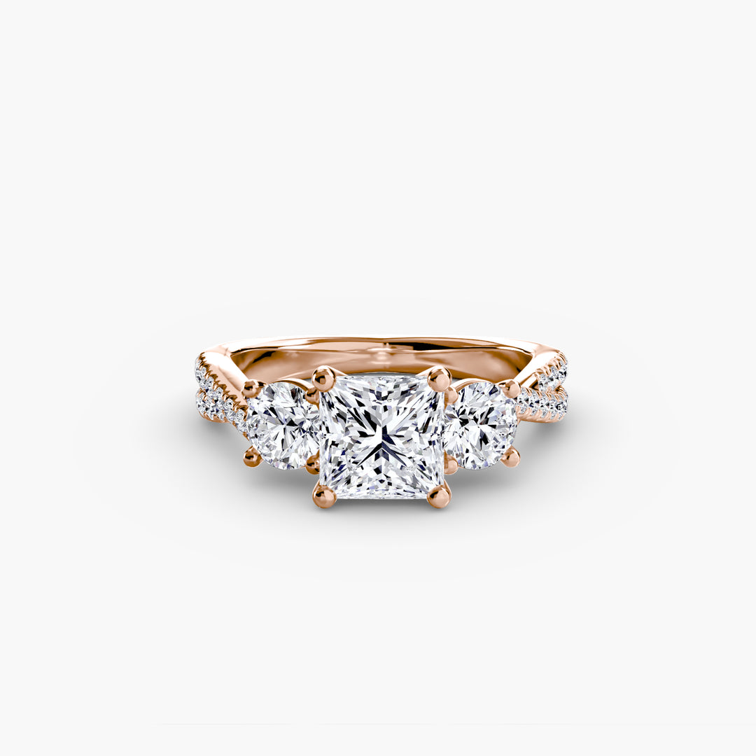 VONDA II Three Stone Diamond Engagement Ring with a Twisted Diamond Band