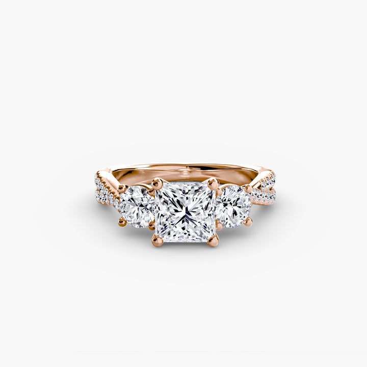 VONDA II Three Stone Diamond Engagement Ring with a Twisted Diamond Band