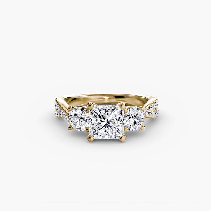 VONDA II Three Stone Diamond Engagement Ring with a Twisted Diamond Band