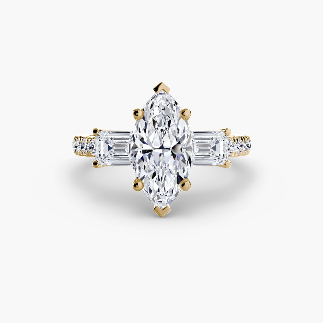 BROMONT II Three Stone Diamond Engagement Ring with a Diamond Band